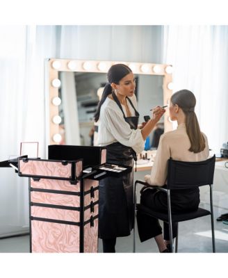 Rolling Makeup Train Case Trolley w/ Cube Case Cosmetic Organizer Pink