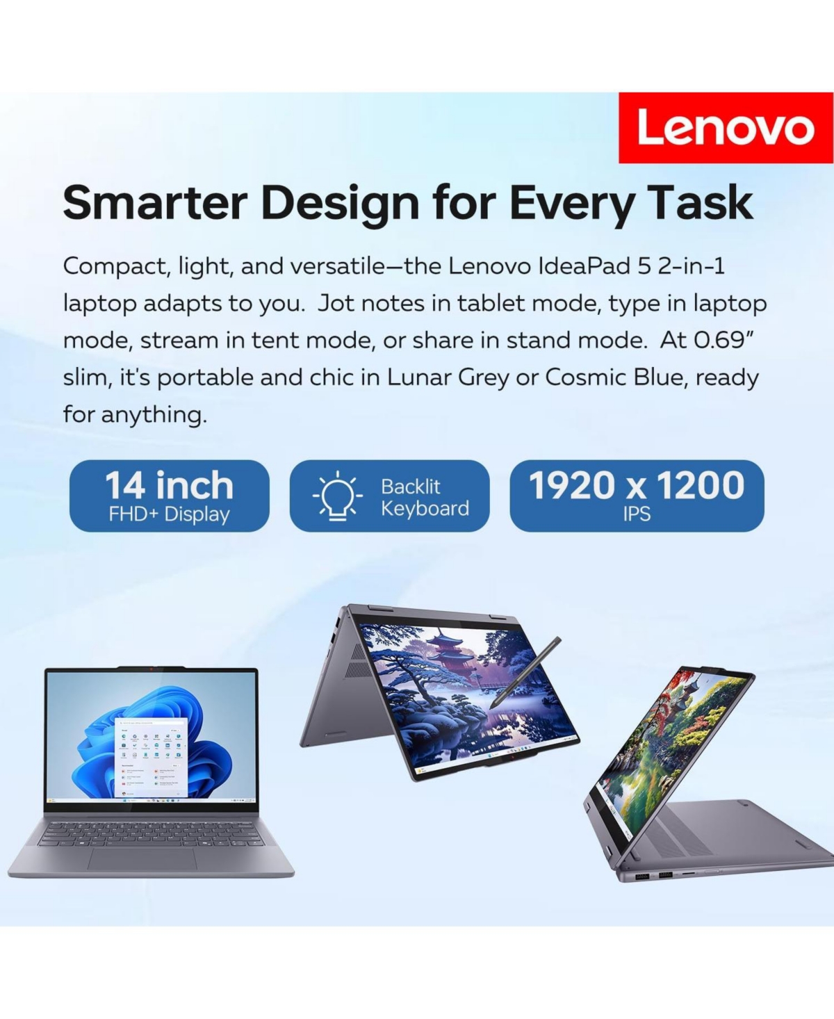 Lenovo IdeaPad 5 Gen 10 Premium 2-in-1 Laptop 14" Fhd Touchscreen Intel Core Ultra 7 255U Intel Graphics 16GB Only 512GB Ssd Wi-Fi 6 Windows 11 H