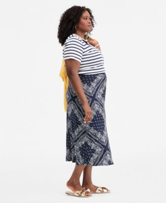 Trendy Plus Size Brittany Bandana Print Pull-On Midi Slip Skirt