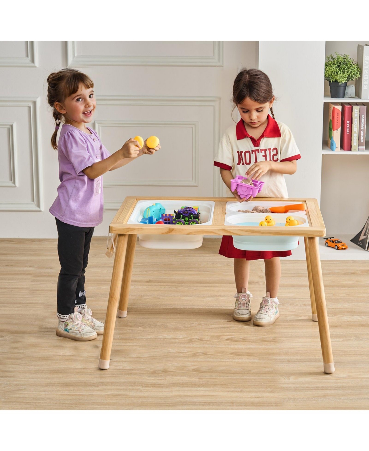 Mecale Kids Sensory Table, 3 Foldable Bins & Paper Roll Holder, Indoor/Outdoor Sand & Water Play, Wooden