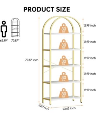 Set of 2 Modern Arched Bookcases, 5-Tier Metal Frame Shelves with Marble Finish for Living Room & Office