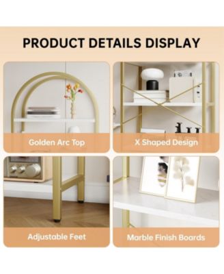 Set of 2 Modern Arched Bookcases, 5-Tier Metal Frame Shelves with Marble Finish for Living Room & Office