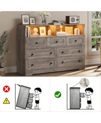 7-Drawer Dresser with LED Lights & Charging Station, Wooden Chest with 2 Open Compartments, Freestanding Storage Organizer for Bedroom, Nursery