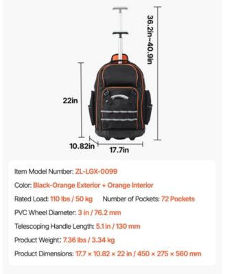 Rolling Tool Backpack on Wheels, 110 lb Capacity, 72 Pockets, Heavy-Duty Tool Organizer, Telescoping Handle, Stable Base