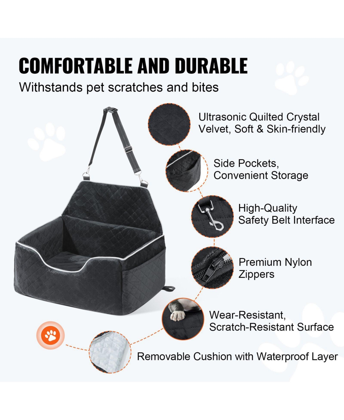 Cozito Dog Car Booster Seat w/ Storage Pocket & Safety Leash, Sponge Fill, Dog Car Bed for Medium/Large Dogs up to 55 lb, Black