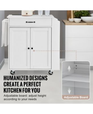 32" Kitchen Island Cart with Power Outlet, Storage Cabinet, Drawer, Adjustable Shelf, Spice Rack, Towel Bar, Rolling