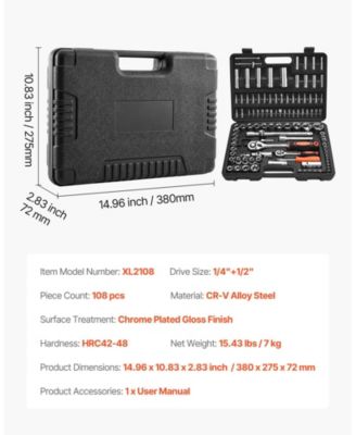 108-Piece Socket & Ratchet Set, 1/4" & 1/2" Drive Metric 4–32mm, Bits & Accessories, Storage Case, CR-V Alloy Steel