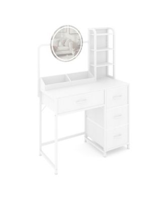 Vanity Desk with Mirror and Lights, Wood Dressing Table with 4 Fabric Drawers, Makeup Table with Hair Dryer Rack for Bedroom Dressing Room
