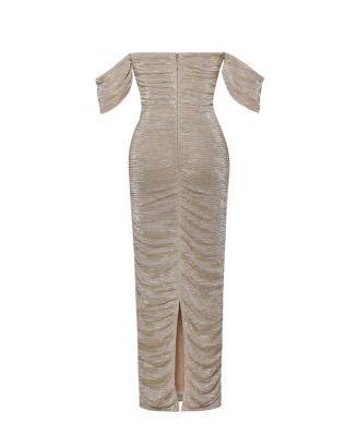 Women's Gene Gold Ruched Off Shoulder Chiffon Dress