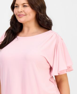Plus Size Crewneck Cascade-Flutter-Sleeve Top