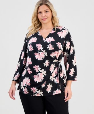 Plus Size Printed Knit Side-Tie Wrap Top