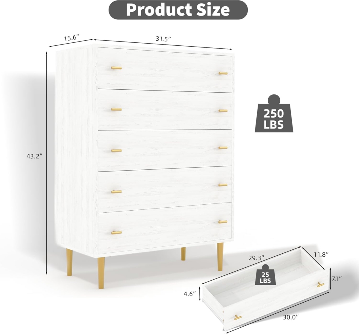 gaomon 44 Inch Tall 5 Drawer Farmhouse Dresser, Rustic White Chest with Bar Handles, Large Storage, Bedroom, Living Room