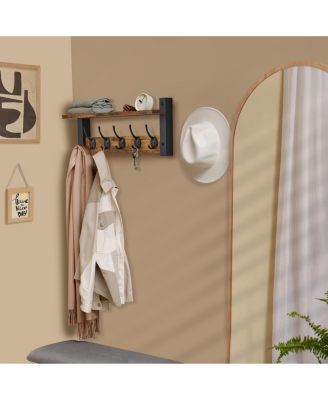 16 Inch Floating Wall Shelf with 5 Heavy Duty Hooks – for Entryway, Bathroom, Bedroom, Kitchen, or Mudroom