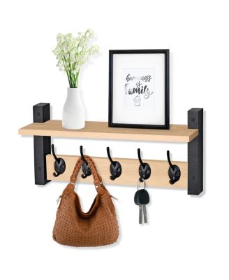 16 Inch Floating Wall Shelf with 5 Heavy Duty Hooks – for Entryway, Bathroom, Bedroom, Kitchen, or Mudroom