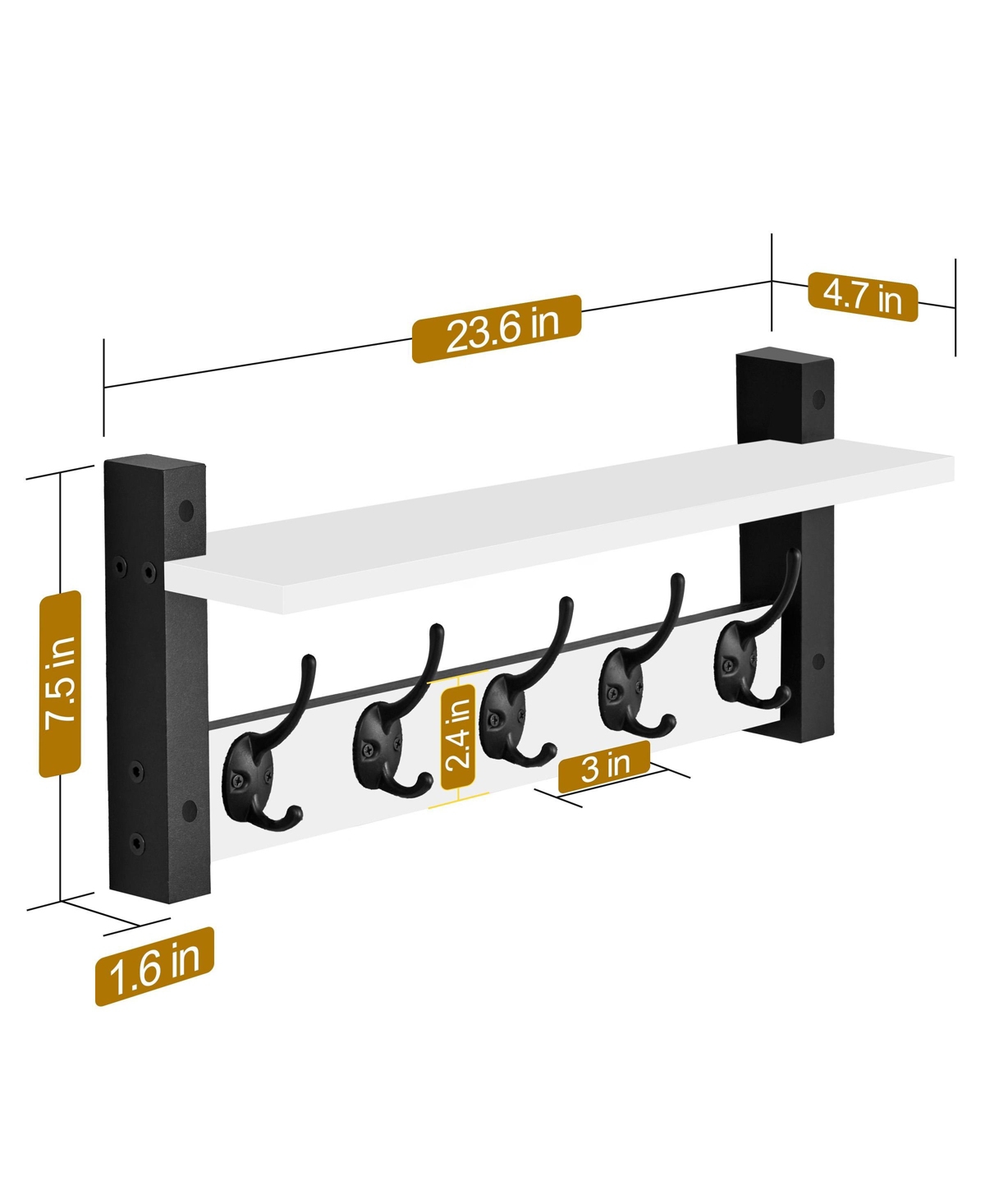 Sorbus Inch Floating Wall Shelf with 5 Heavy Duty Hooks – for Entryway, Bathroom, Bedroom, Kitchen