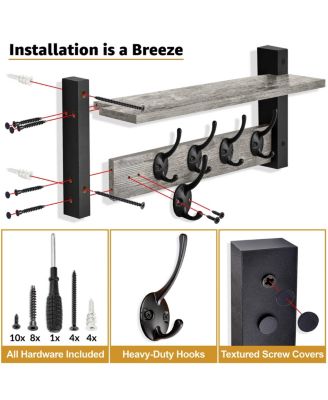 16 Inch Floating Wall Shelf with 5 Heavy Duty Hooks – for Entryway, Bathroom, Bedroom, Kitchen, or Mudroom