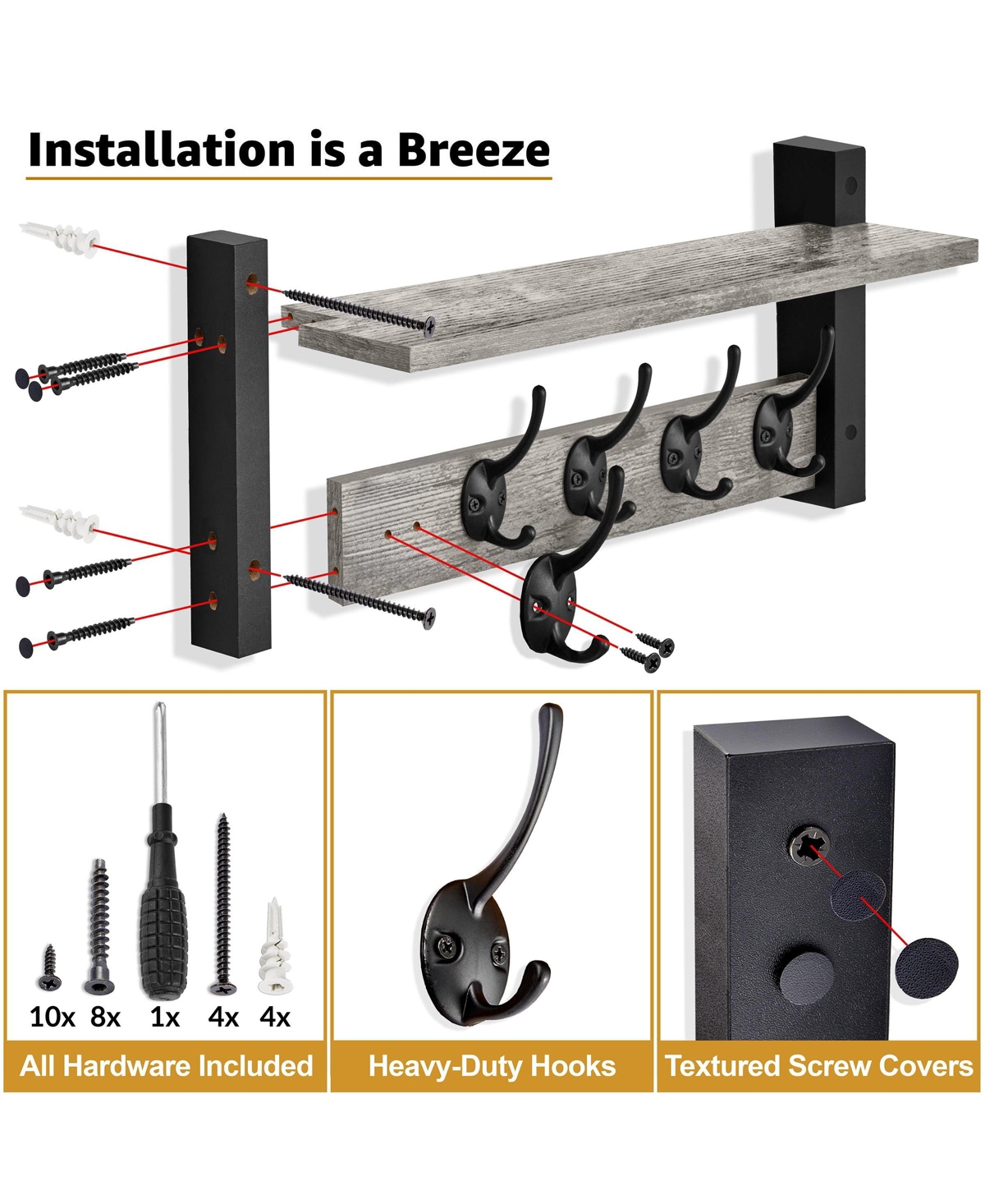 Sorbus Inch Floating Wall Shelf with 5 Heavy Duty Hooks – for Entryway, Bathroom, Bedroom, Kitchen