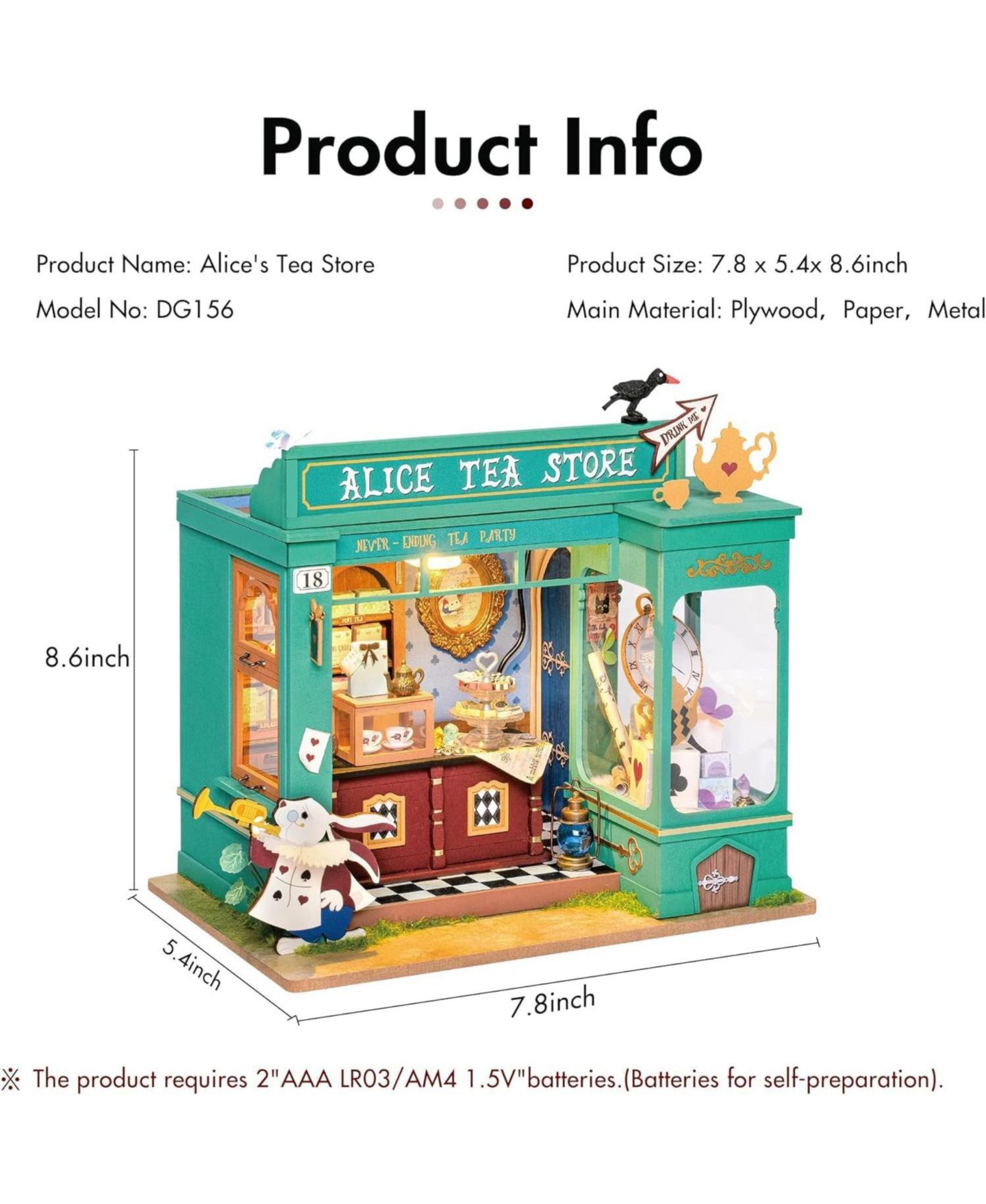Детские куклы Robotime Alice's Tea Store 1:24 Scale Plywood DIY Miniature House Kit with LED Light, Ages 14+ — фото 3