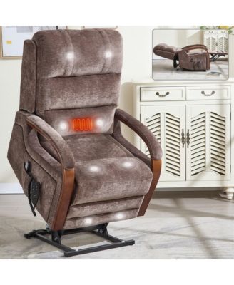 Power Chenille Lift Recliner Chair Dual Motor Infinite Position Up to 350 LBS with Solid Wood Armrests and Heat Massage