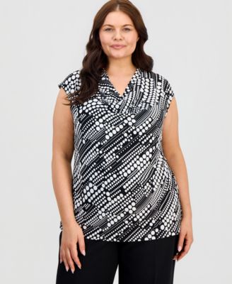 Plus Size Printed Cowlneck Cap-Sleeve Knit Top