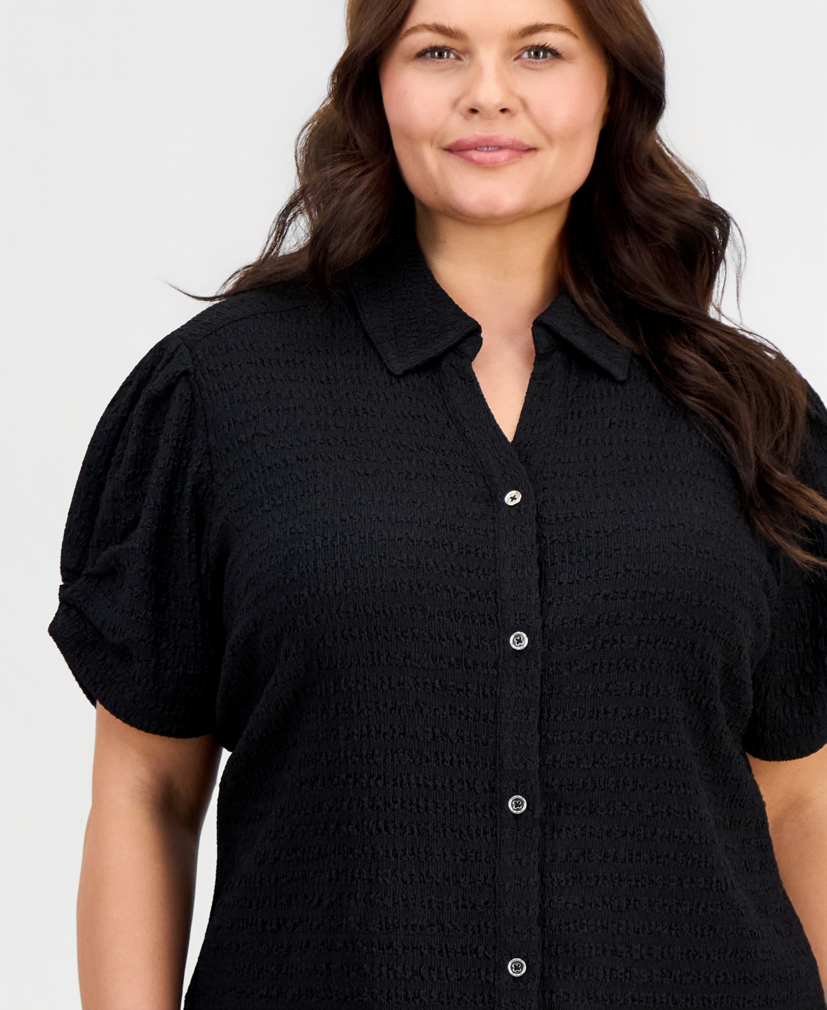 Kasper Plus Button-Front Pleated-Sleeve Top