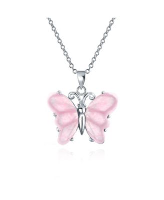 Light Pink Rose Quartz Garden Butterfly Pendant Necklace .925 Sterling Silver
