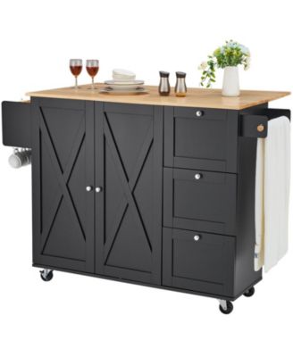 56" Kitchen Island Cart with Wood Top, Storage Cabinet, Drop Leaf, Drawer, Adjustable Shelf, Spice Rack, Towel Bar, Hooks
