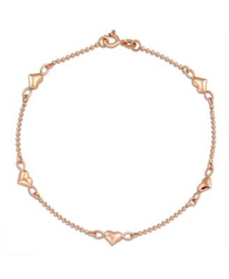 Puff Hearts Anklet With Beaded Ball Chain Rose Gold Vermeil Sterling 9 Inch
