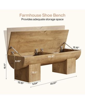 Storage Bench with Safety Hinges, 55 Inch Farmhouse Shoe Bench with Flip-Top, Natural