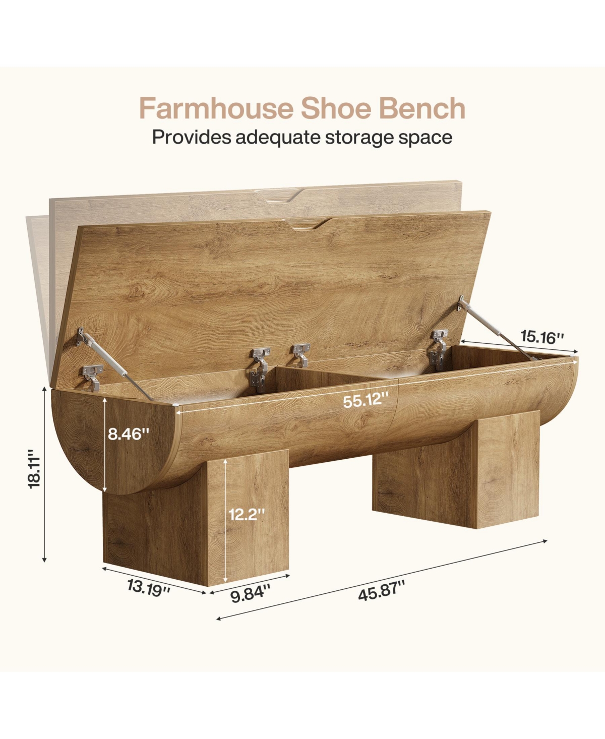 Tribesigns Storage Bench with Safety Hinges, 55 Inch Farmhouse Shoe Bench with Flip-Top, Natural
