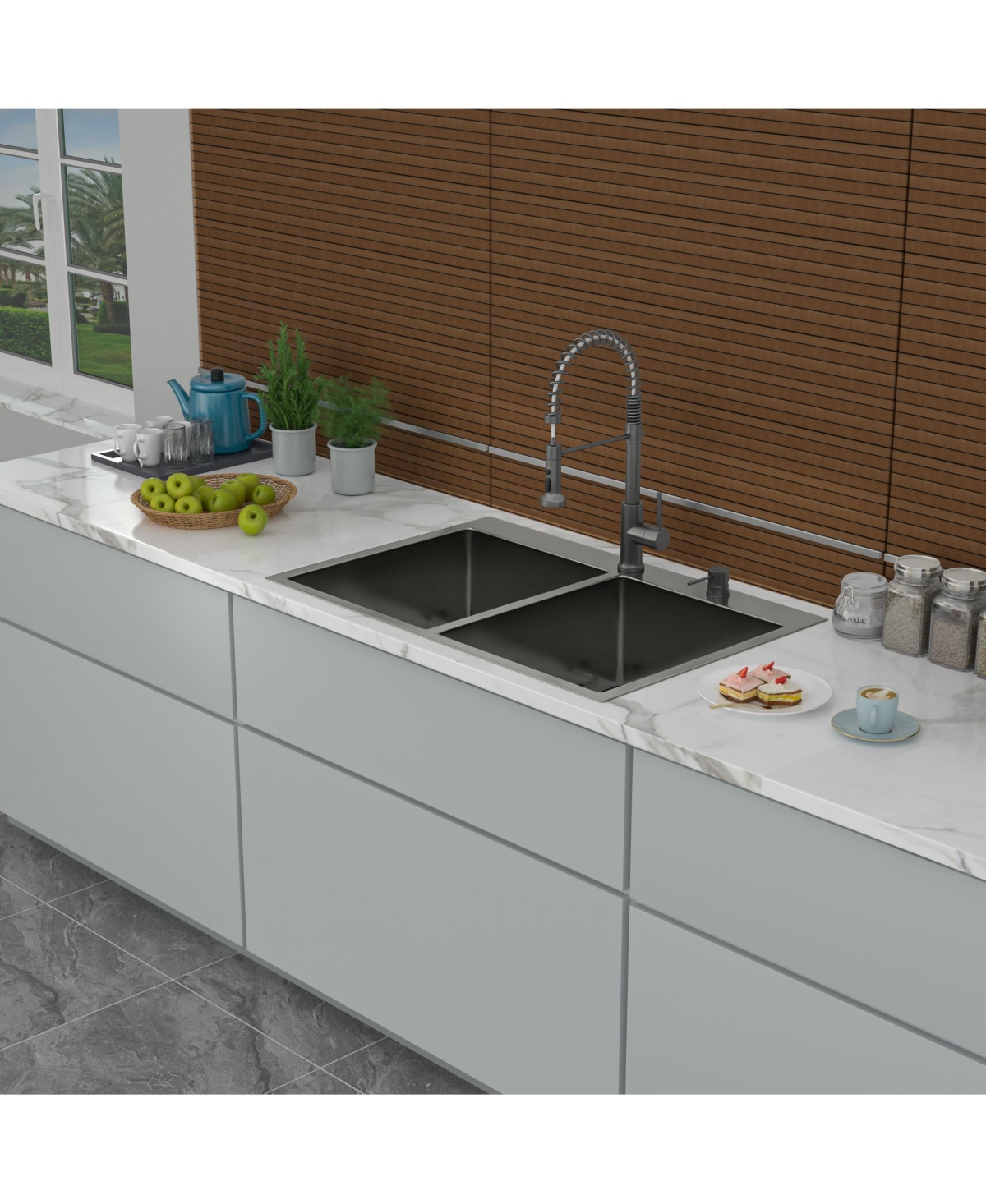 Flynama 33" x 22" Gunmetal Black Double Bowl Drop-In Kitchen Sink, 16-Gauge T304 Nano Stainless Steel, Two 10" Deep Basins