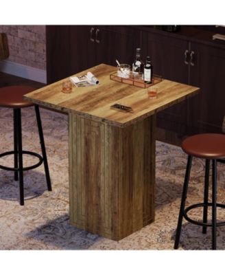 Square Bar Table, 31" Wooden Home Bar Unite with Geometric Texture, Farmhouse Counter Height Pub Table with Stable Base