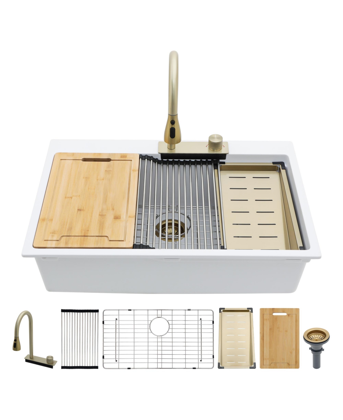 flynama 33x22x10inch White Composite Granite Quartz Drop In Single Bowl Workstation Waterfall Kitchen Sink with Pull Down Faucet