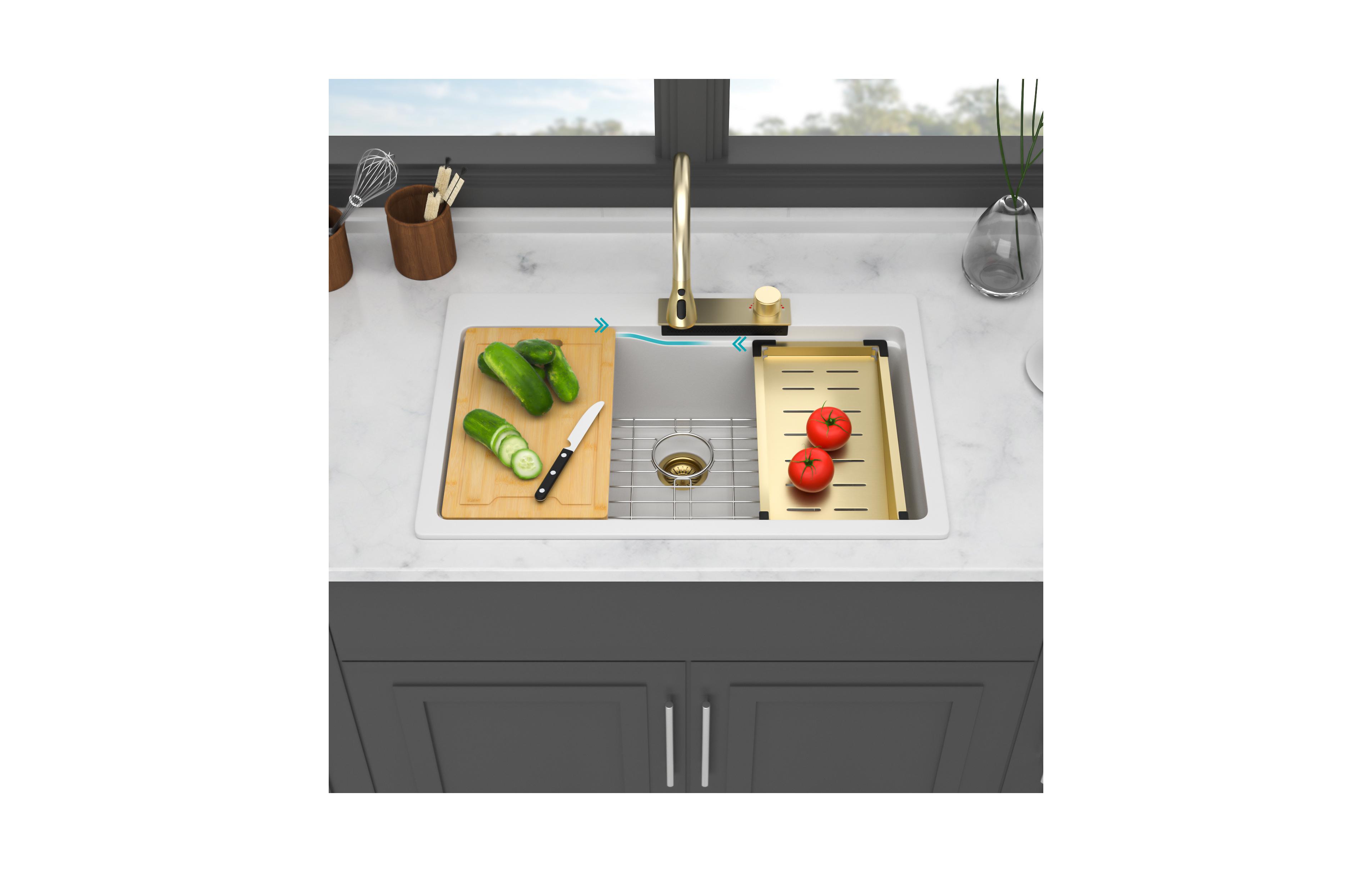flynama 33x22x10inch White Composite Granite Quartz Drop In Single Bowl Workstation Waterfall Kitchen Sink with Pull Down Faucet