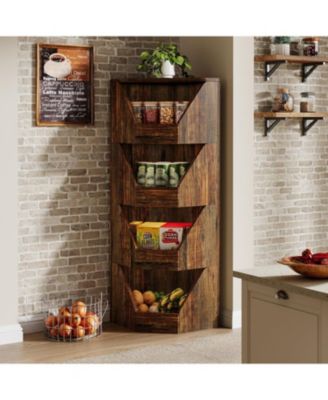 4-Tier Fruit and Vegetable Storage Rack, 55.12" H Freestanding Open Storage Basket Stand, Wood Corner Vegetable Fruit Shelves