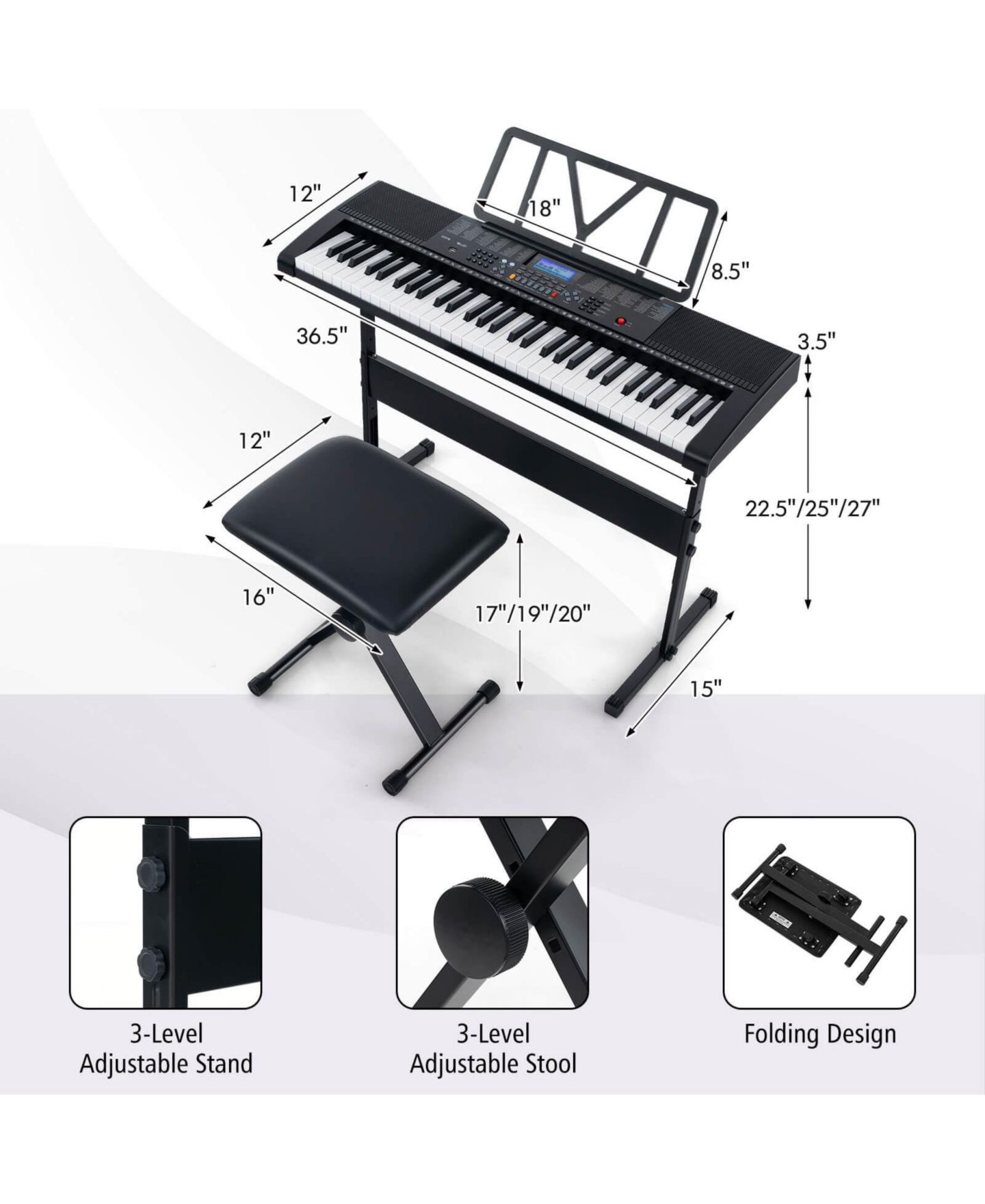 Детские игрушки Costway 61-Key Electric Piano Keyboard with 3 Teaching Modes and Lighted Keys, 7-Piece Set, Ages 5+, цвет: Чёрный — фото 3