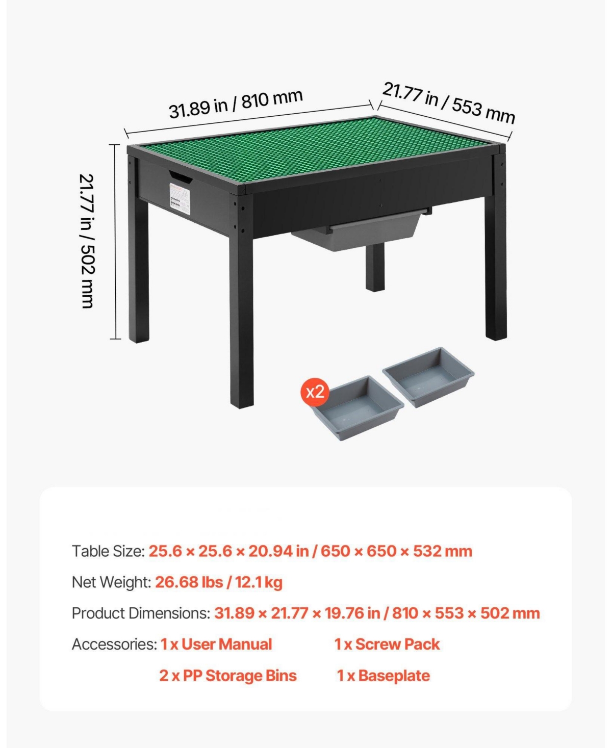 Mecale Kids Wooden Activity Table, Double-Sided Block Top w/ Storage Bins, Ages 3+