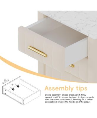 Velvet Nightstand with 3 Drawers, Upholstered Bedside Table with Faux Marble Top and Metal Legs for Bedroom and Living Room