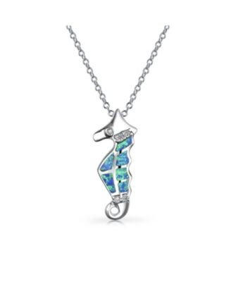 Sea Animal Nautical Created Blue Opal Seahorse Pendant Necklace Sterling Silver