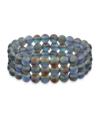 Set Of 3 Created Blue Moonstone 8MM Bead Stretch Bracelet Stacking Strands