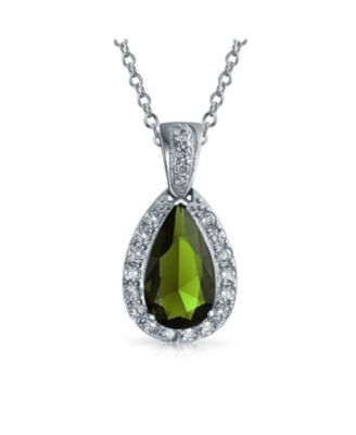 5CT Solitaire Teardrop Halo Peridot Green CZ Pendant Necklace Silver Plated
