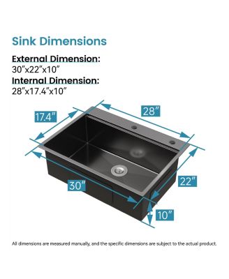 30x22inch Black Stainless Steel Kitchen Sink Single Bowl Overmount Handmade