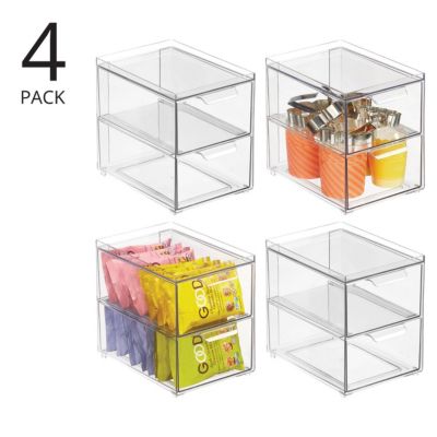 2-Drawer Stackable Organizer for Kitchen or Pantry - Set of 4 - Clear