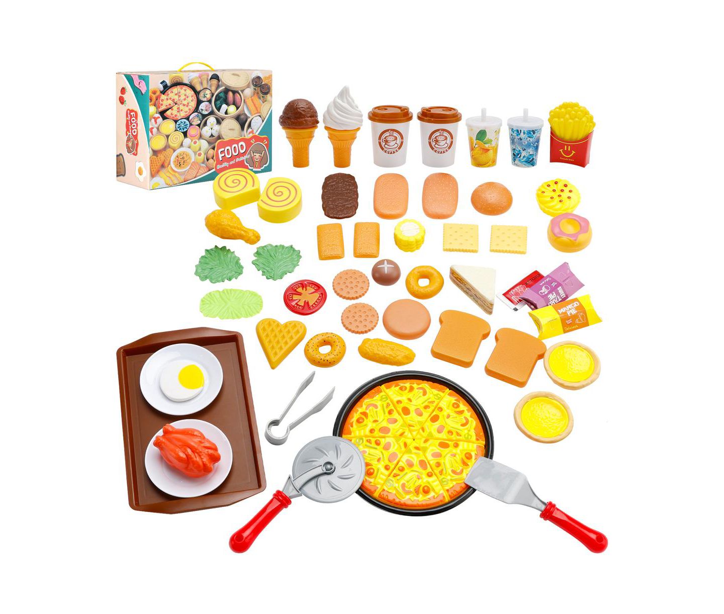 Детские игрушки Bruce & Shark 56-Piece Kids Pretend Diner Playset, Toy Food Set with Hamburger, Fries, Sandwich & Waffle, цвет: Жёлтый — фото 1