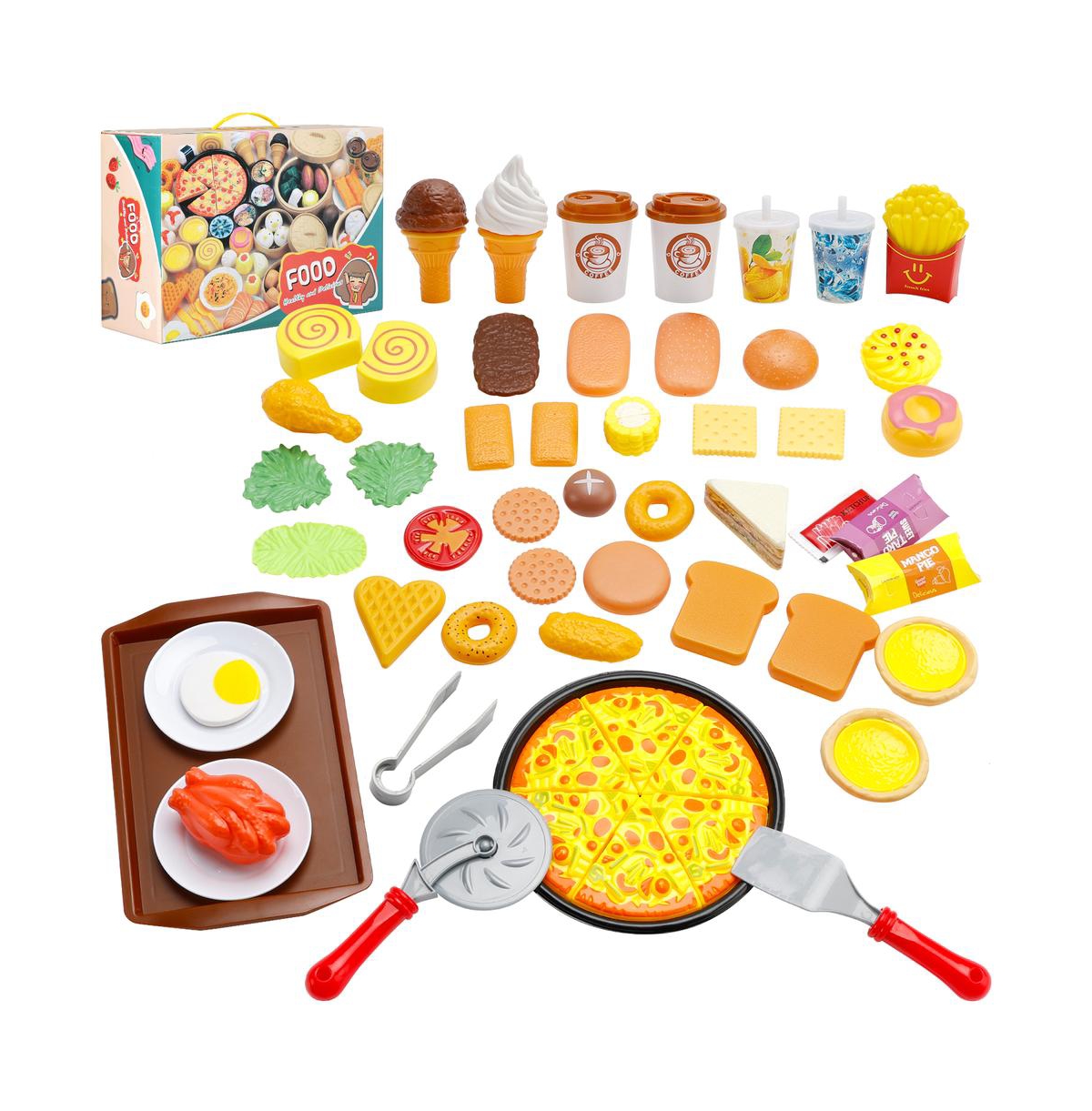 Bruce & Shark 56-Piece Kids Pretend Diner Playset, Toy Food Set with Hamburger, Fries, Sandwich & Waffle