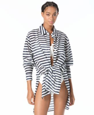 Michael Kors Women's Striped Cover-Up Swim Shirt