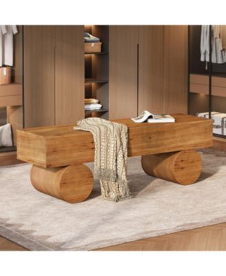 Solid Wood Entryway Bench, 59" Farmhouse Narrow Shoe Bench Seat with Thickened Seat & Cylindrical Legs, Indoor End of Bed, Brown