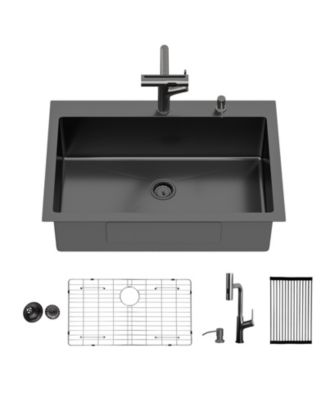 33x22x10inch Gunmetal Black Kitchen Sink with Pull Out Faucet Soap Dispenser Stainless Steel