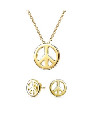 Tiny Peace Sign Pendant Stud Earrings Jewelry Set Gold Plated Sterling Silver