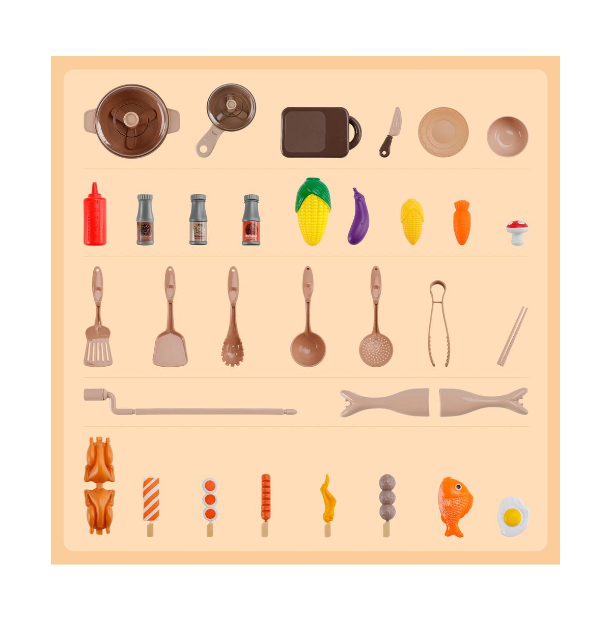 Bruce & Shark 36-Piece Grill & Cook Playset for Kids with Realistic Mist Spray & Sizzle Sound for Pretend Bbq